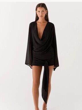 Peppermayo Sorrel Black Draped Plunge Mini with Front Sash